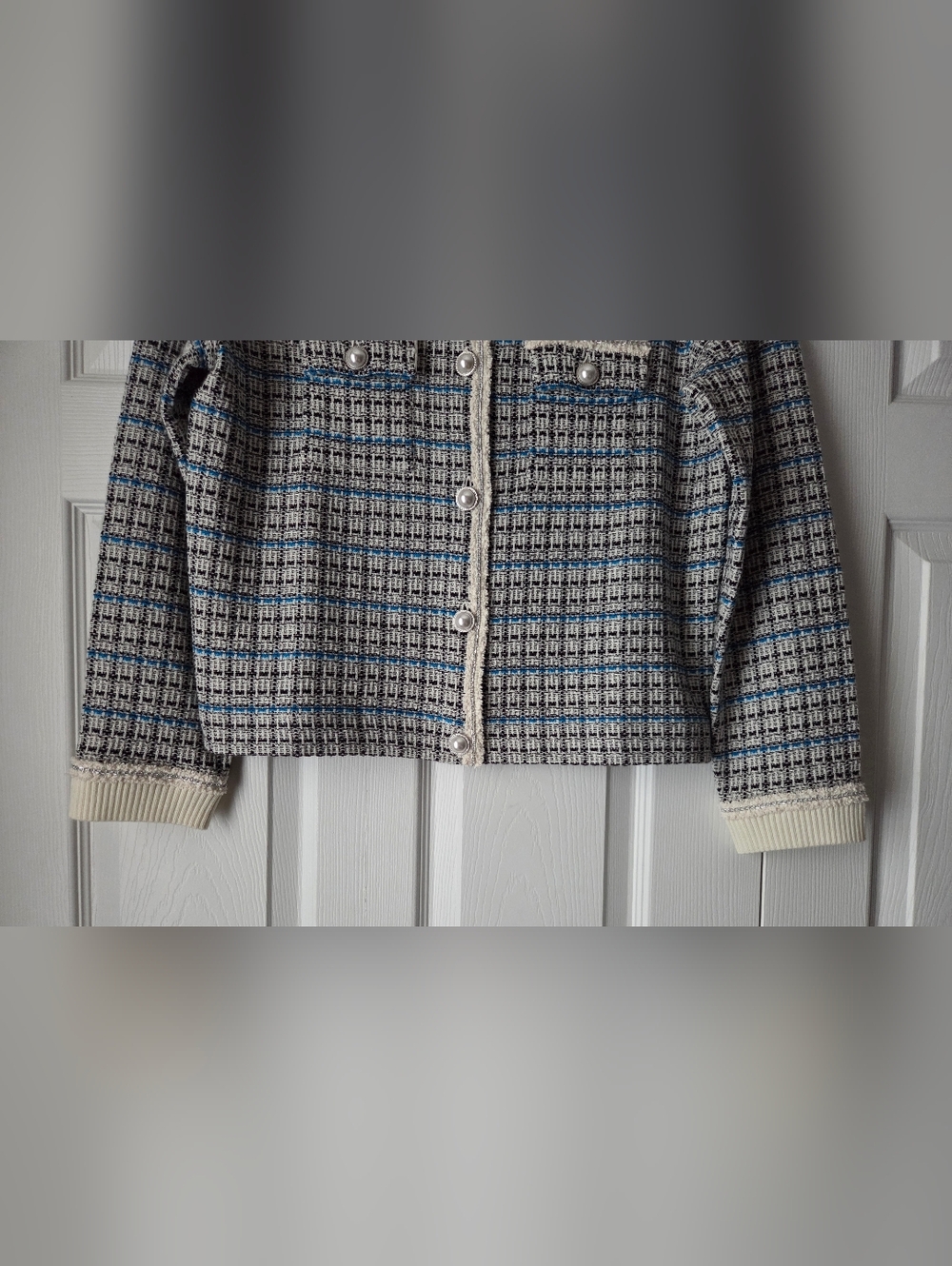 NWOT Talbots Cream and Blue Plaid Tweed Sweater Jacket Size L - Picture 8 of 14